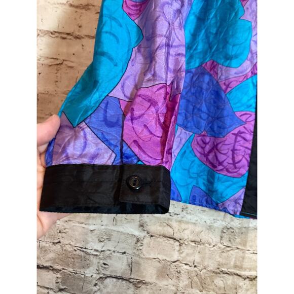 Vintage Bernini Top Womens 14 Cobalt & Purple Leaf Print Satin Button Front 80s - Picture 3 of 15